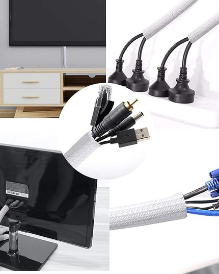 CrocSee 25ft - 3/8 inch Braided Cable Management Sleeve Cord Protector - Self-Wrapping Split Wire Loom for TV/Computer/Home Theater/Engine Bay - White