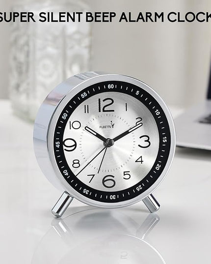 FLOITTUY Super Silent Metal Alarm Clock,Beep Wake Round Alarm Clock with Strip Night Light,Battery Operated,Easy Set,Simple & Retro for Desk, Bedroom and Home Decoration(Metallic Silver)
