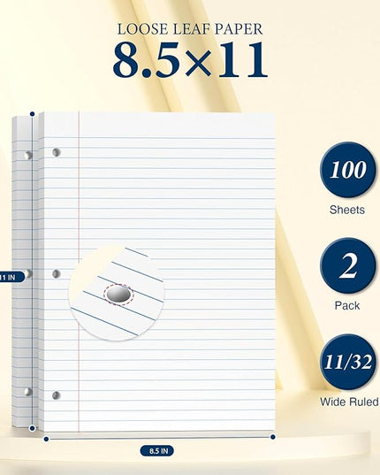 Wide Ruled Loose Leaf Paper, Notebook Paper, 8.5 x 11 Wide Ruled Paper, 3 Hole Punch Binder Paper, 200 Sheets Lined Paper for 3 Ring Binders, Writing Paper with Lines (2 Pack)