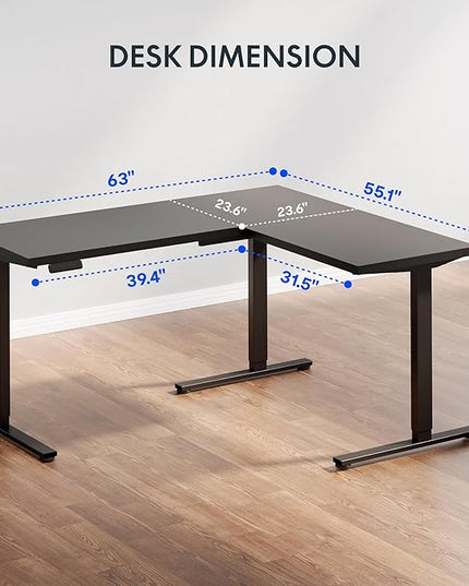 FLEXISPOT L Shaped Standing Desk, 63 x 55 Inch Electric Height Adjustable Corner Desk, Sit Stand Computer Workstation, Preset Controller, Home Office, Black Frame with Black Top