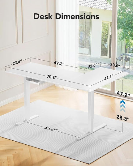 HUANUO 71 x 48 inch Dual Motor L Shaped Electric Standing Desk with 3 Preset Heights, Electric Height Adjustable Computer Table, 2 Hooks & Cable Tray, Raising Desk for Home Office, White