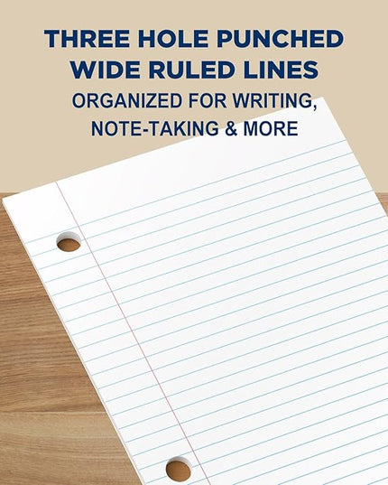 Woodlake Loose Leaf Paper, Wide Ruled Notebook Paper, 8 x 10.5”, 150 Sheets per Pack, 3 Pack Bulk Lined Filler Paper, 3 Hole Punched, 60gsm, Made in USA