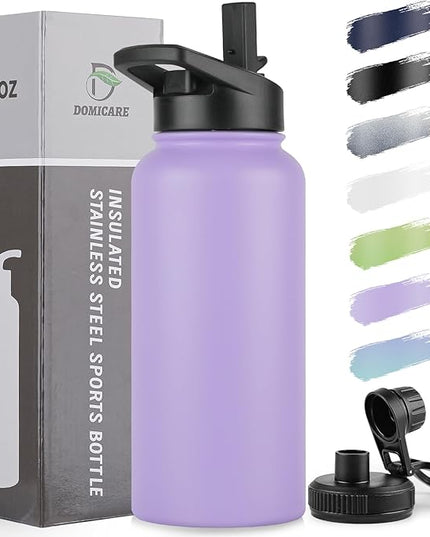 DOMICARE 32 oz Insulated Water Bottle, Vacuum Insulated Stainless Steel Sports Water Bottle with Straw Lid & Spout Lid, Leakproof, Reusable - Travel, Camping, Bike, Purple
