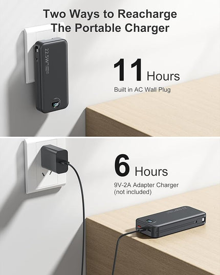 20000mAh Ultra-Portable-Charger-Power-Bank PD20W with Built in Cables&AC Wall Plug,Fast Charging Cell Phone Charger Battery Pack,LED Display Travel Battery Bank for All iPhone,Samsung,Android