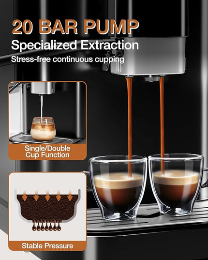 IDEALHOUSE Fully Automatic Espresso Machine with Built-In Grinder and Milk Frother, Touchscreen Control, 20 Bar Pressure, 1.5L Detachable Water Tank, One-Touch Latte & Cappuccino Maker, Black