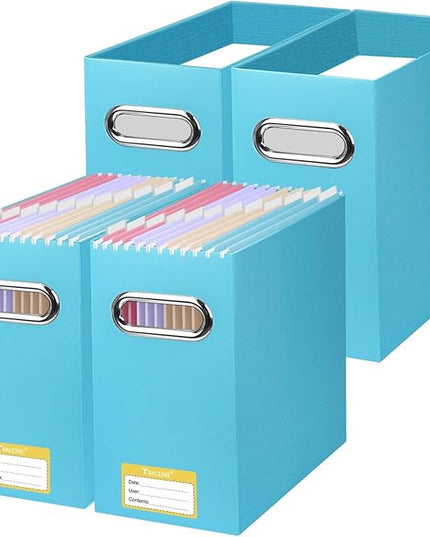 BALEINE File Organizer Box, Cardboard File Folder Organizer with Handle for Letter Size, Portable Collapsible Hanging Filing Box for Home Office Document Storage (4 Pack, Blue)