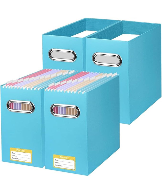 BALEINE File Organizer Box, Cardboard File Folder Organizer with Handle for Letter Size, Portable Collapsible Hanging Filing Box for Home Office Document Storage (4 Pack, Blue)