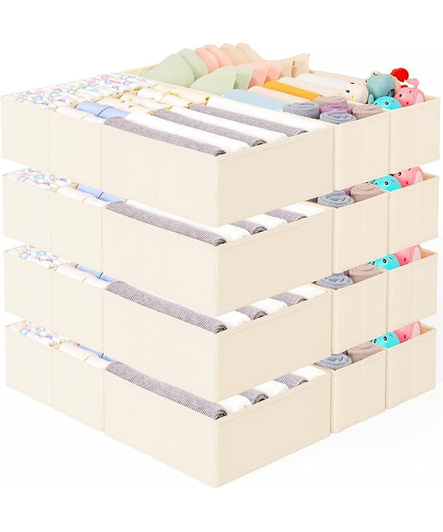 Criusia 26 Pack Drawer Organizer for Clothes, Foldable Dresser Dividers with 3 Sizes, Fabric Storage Bins – Beige