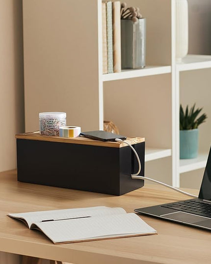 Large Wood Cable Management Box - Cable Organizer Box - 2 Open Slots Cords Hider Box - Under Desk Cord Organizer for Power Strip Extension Cord Surge Protector Charger Wire, Black