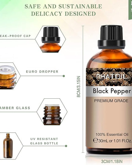 Black Pepper Essential Oil, 1.01Fl.Oz (30ML) PHATOIL Pure Essential Oil Singles for Aromatherapy Diffusers, Humidifiers, Great for DIY Candle and Soap Making, Gift for Friend
