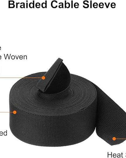 MECCANIXITY Braided Cable Sleeves Heat Shrinkable Fabric Sleeving, 1 1/4" 26ft Black 2:1 Ratio Heat Shrinkable Cord Protector for Harness Cable, Network Cable Protection, Cable Management