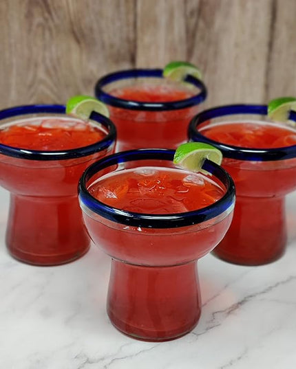 Dos Sueños Mexican Hand Blown Glass – Set of 4 Hand Blown Stemless Blue Rim Margarita Glasses (14oz)