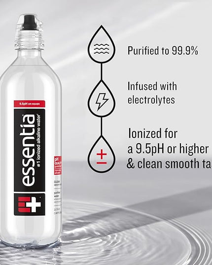 Essentia Water LLC, Ionized Alkaline Bottled Water; 99.9% Pure, Infused with Electrolytes, 9.5 pH or Higher with a Clean, Smooth Taste, 23.67 Fl Oz (Pack of 24)