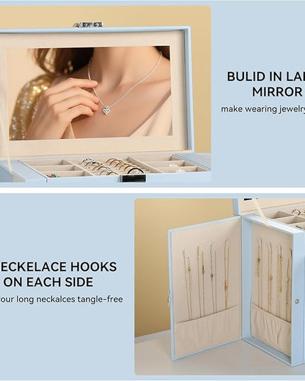 Frebeauty Large Jewelry Box,6-Tier PU Leather Jewelry Organizer,Multi-functional Storage Case with Mirror,Accessories Holder with 5 Drawers for Necklace Bracelets Watches(Sky Blue)