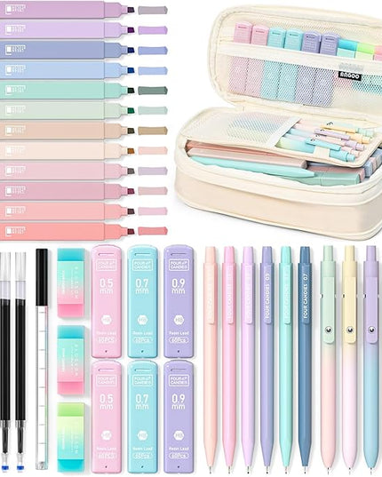 Four Candies 39 PCS Aesthetic School Supplies with Cute Pen Case, 12 Pastel Highlighters, 5 Black Ink Gel Pens, 6 Mechanical Pencils Set for Students Stationary College Essentials (Cream)