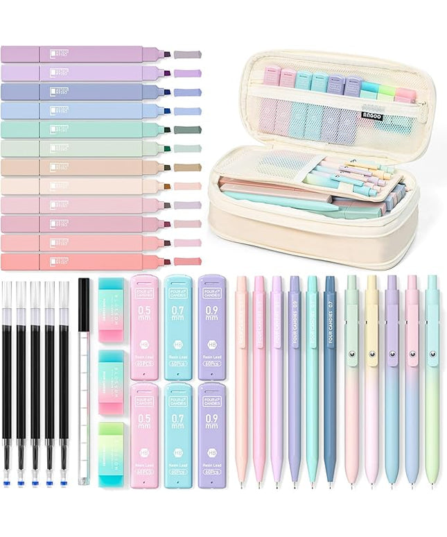 Four Candies 39 PCS Aesthetic School Supplies with Cute Pen Case, 12 Pastel Highlighters, 5 Black Ink Gel Pens, 6 Mechanical Pencils Set for Students Stationary College Essentials (Cream)