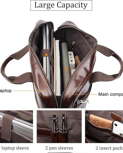 Augus Leather Laptop Briefcase for Men,Waterproof Travel Messenger Duffle Bags 15.6 Inch Laptop Bag