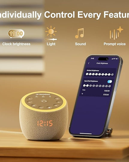 White Noise Sound Machine for Sleeping, 388 Soothing Sounds, Smart APP Control, Custom Buttons, Non Looping Natural Sounds, Bedside Dimmable Clock, Night Light, Santebee for Adults Baby Kids Lullaby