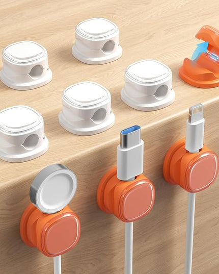 9 Pack Cord Organizer, Spring Cable Management, Adhesive Cute Cable Holder Clips, Phone Charger Wire Keeper for Desk Nightstand Car Office (9-Pack White_Orange)