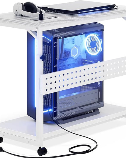32" Large Computer Tower Stand with Power Strips, 4 Levels Manual Height Adjustable PC Tower Stand for Under Desk, Mobile Rolling CPU Holder Computer Cart with Wheels, Carbon Fiber White