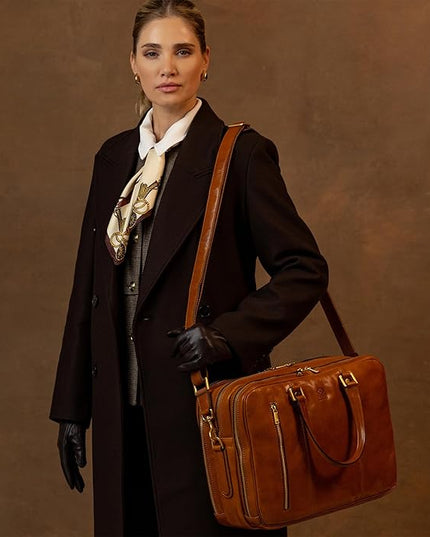 Time Resistance Leather Laptop Briefcase - Full Grain Leather Computer Bag for Men and Women