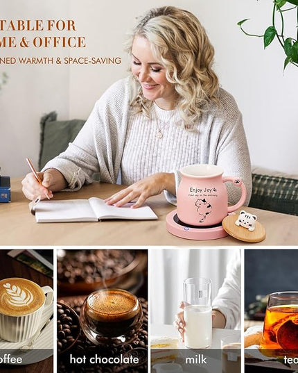 Coffee Mug Warmer, Cute Cat Mug Set, Coffee Cup Warmer for Desk, Gifts for Women, Pink Heated Coffee Warmer for Mom Home Office Christmas Birthday Gifts