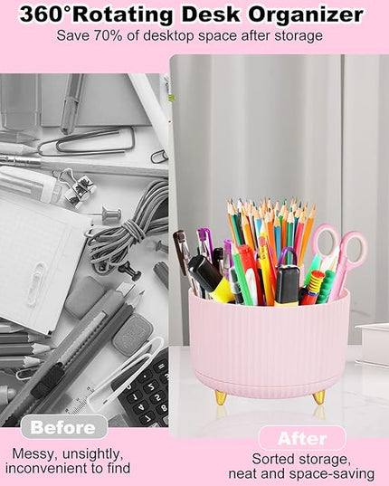 Desk Organizers and Accessories Set with 360-Degree Rotating Pen Holder, Tape Dispenser, Stapler, Staple Remover, 1000 Staples, Tape, Clips Set, Ruler, Scissor, Pen