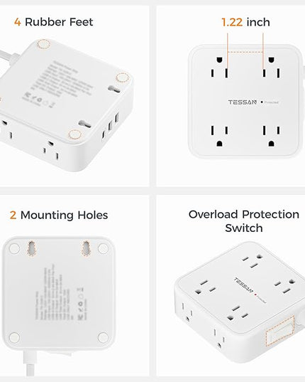 TESSAN 10 Ft Flat Plug Extension Cord with Multiple Outlets, Surge Protector Power Strip with 3 USB(1 USB C) 8 Outlets, 900J Protection, Desk Charging Station for Home, Dorm Room Essentials, White
