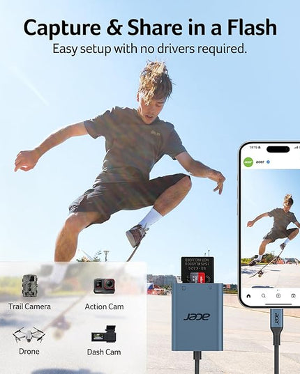 Acer SD Card Reader USB C, Dual Slots Type C to Memory Card Reader, Aluminum Micro SD Card Camera Adapter for MicroSD, SDHC, SDXC, Compatible with iPhone16/15, MacBook, Android, Laptop-Midnight