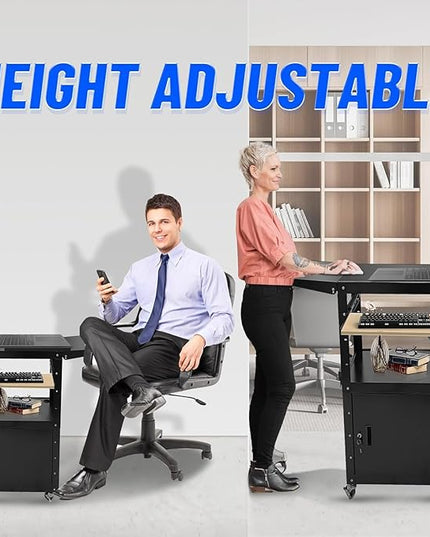 Upgraded AV Cart, Adjustable-Height Steel AV Cart with Locking Cabinet and Pullout Keyboard Tray, Rolling Media Cart with Wheels & Power for Computer Laptop Projector Printer (Black/43"x18"x43")