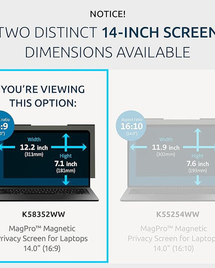 Kensington MagPro™ Magnetic Laptop Privacy Screen 14 inch, Removable 16:9 Laptop Privacy Filter, Anti-Glare, Blue Ray Reduction, Compatible with HP/Dell/Acer/Asus/Samsung/Lenovo (K58352WW)