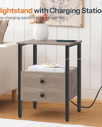 HOOBRO End Table with Charging Station, Bedside Table with 2 Drawer & USB Port & Type-C Port, Nightstand for Small Spaces, Stable and Sturdy, for Living Room, Greige and Black BG43UBZ01