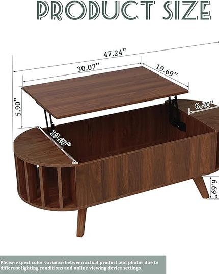 Janmer Home Small Lift Top Coffee Table with Storage, 47.3" Mid Century Modern Curved Coffee Table, Oval Center Table with Lift Tabletop for Living Room, Office (Walnut)