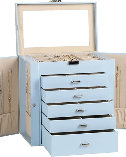 Frebeauty Large Jewelry Box,6-Tier PU Leather Jewelry Organizer,Multi-functional Storage Case with Mirror,Accessories Holder with 5 Drawers for Necklace Bracelets Watches(Sky Blue)