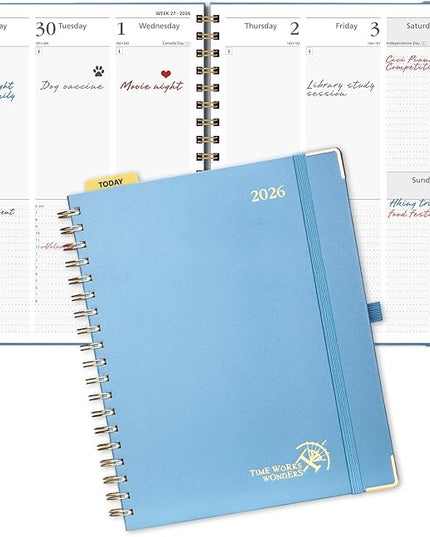 POPRUN 2026 Planner (Large Size 10'' x 8'' Wire-Bound Hard Cover) Daily Weekly and Monthly Calendar - Agenda 2026 (Jan.2026-Dec.2026) with Hourly Schedule, Monthly Tabs - Haze Blue