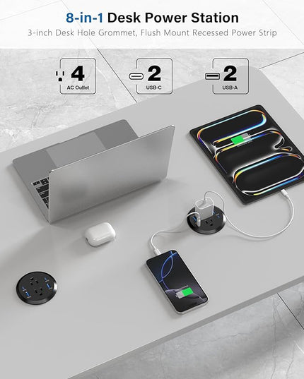 Jgstkcity Power Strip,Flush Mount Recessed Power Grommet,65W USB C Fast Charging,3-Inch Hole, 4 Outlets & 4 Ports, Ideal for Desktop & Countertop Outlet,Dual-Sided (Black, 10FT)