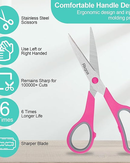 Scissors, Rkqoa 8" All Purpose Office Scissor 6 Pack - Comfort-Grip Sharp Shears for Office School House Sewing Fabric Crafts Arts Desk Classroom Supplies, Teacher/Class Scissors