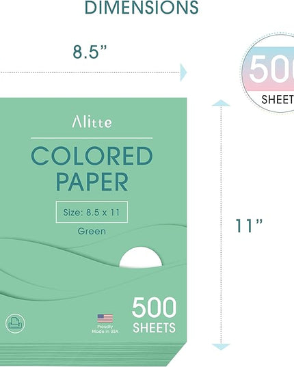 Alitte Colored Paper 500-Sheets - Green Paper, 8.5 x 11 Colored Printer Paper, Arts & Crafts, DIY Projects - School & Office Supplies - Pastel Copy Paper, 1 Ream, Made in the USA