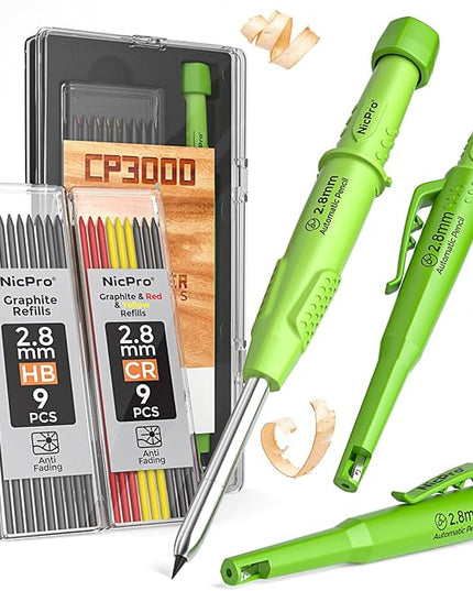 Nicpro CP3000 Carpenter Pencil with Sharpener, 2.8 mm Mechanical Pencils with 19 Refills, Deep Hole Marker for Construction, Heavy Duty Woodworking Pencil, Carpenter Tools for Architect Marking(Green)