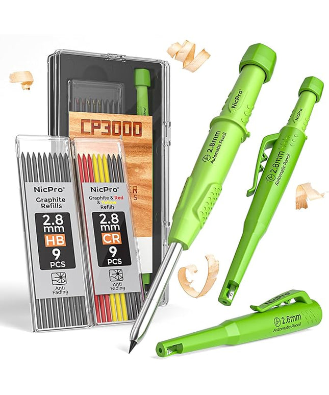 Nicpro CP3000 Carpenter Pencil with Sharpener, 2.8 mm Mechanical Pencils with 19 Refills, Deep Hole Marker for Construction, Heavy Duty Woodworking Pencil, Carpenter Tools for Architect Marking(Green)
