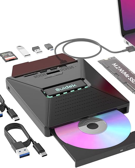 External CD DVD Drive for Laptop, 7 in 1 Portable CD DVD +/-RW Burner Reader with M.2 NVMe Interface,SD/Micro SD Card Slots and USB A Type C 2.0, Compatible with Laptop PC Mac Windows Linux