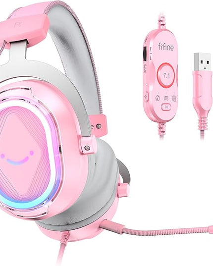 FIFINE Wired RGB Gaming Headset, PC Over-Ear Streaming Headset with USB, 7.1 Surround Sound, Noise-Cancelling Mic, Soft Ear Pads, 4 EQ Modes for PC, Laptop, Mac, PS4, PS5 - AmpliGame H13P (Pink)