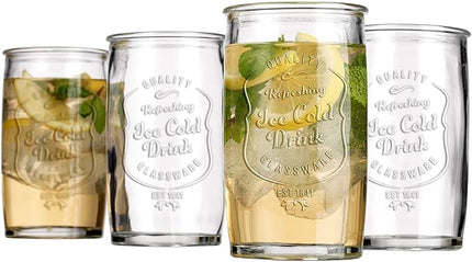 Glaver's Drinking Glasses Set of 4, Vintage Italian Style – Elegant 20 Oz Clear Tumbler Glassware Set– Genuine Artisan-Made for, Refreshing Drinks, Beverages, Cocktails.