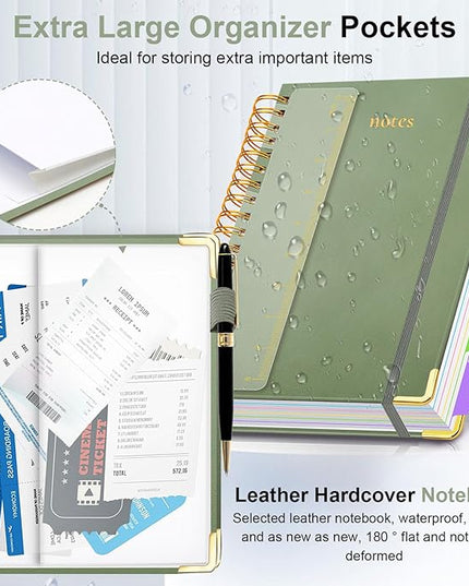 Hardcover Spiral Notebook 8"x10" Journal Notebook with Tabs and Removable Dividers 300 Pages 5 Subject Notebook College Ruled, Faux Leather Spiral Bound Notebook for Women School Work (Sage Green)