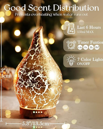 Porseme Essential Oil Diffuser Glass Aromatherapy Ultrasonic Humidifier, Air Refresh Auto Shut-Off, Timer Setting, BPA Free for Home Hotel Yoga Leisure SPA Gift 150ml Last 6H