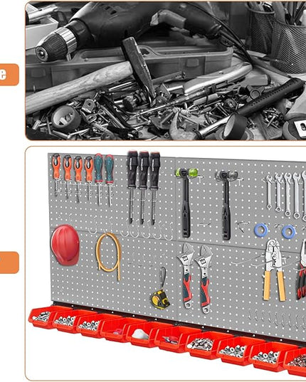 Peg Board Wall Organizer, Gray Metal Pegboard Organizer, 4 Metal Pegboard Panels(12"x24") with 55 Accessories, Wall Mount Large Peg Board Kit with Hooks, Bins for Home, Garage, Workbench