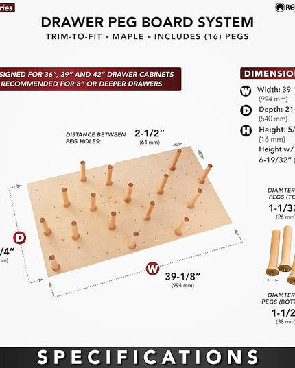 Rev-A-Shelf Pegboard Drawer Divider Organizer, Trim to Fit Wooden Kitchen Cabinet Storage Utensil, Pots & Dish Rack, 39" x 21", 4DPS-3921
