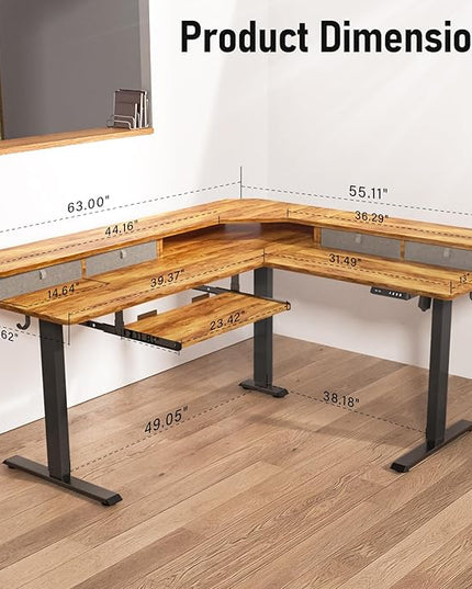 L Shaped Standing Desk with USB Charging Port & 4 Drawers,63 x 55 inch Electric Adjustable Height Corner Stand Up Desks with Keyboard Tray & Storage,Sit Stand Computer L Desk for Gaming Office