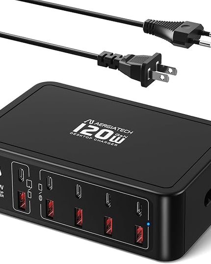 10-Ports USB C Charging Station, 120W Travel USB Power Strip with EU European Plug and US Plug, Multiport Charging Hub for iPhone 15/14/13/12, iPad Air/Pro, Galaxy -Black