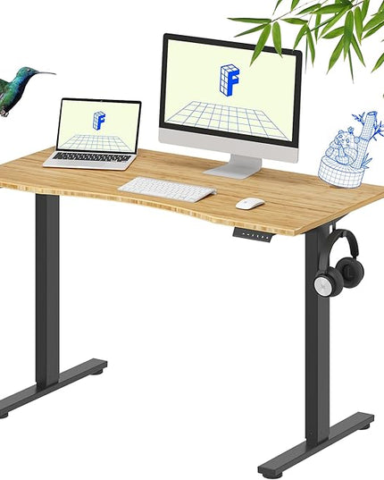 FLEXISPOT EN1 Bamboo Standing Desk, 48 x 24 Inches Whole-Piece Electric Height Adjustable Desk for Home Office (Black Frame + Bamboo Curved Desktop, 2 Packages)